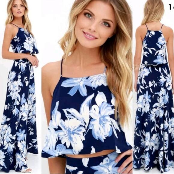 Lulus Love for Lanai Tropical Resort Navy Blue Floral Print Two-Piece Maxi XS - Picture 1 of 8
